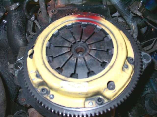 ACT 4 puck clutch (Suzuki Swift application) bolted to B6T on CWS modified Festiva flywheel.