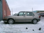 Corrado 15" wheels, MK2 Jetta factory body kit, FK Silverline coilovers, RPI 11" Brembo brake kit